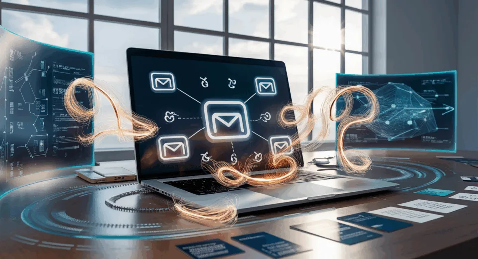 Realistic depiction of a modern office with a laptop showing abstract email data connections symbolizing B2B lead information retrieval using email reverse lookup technology.