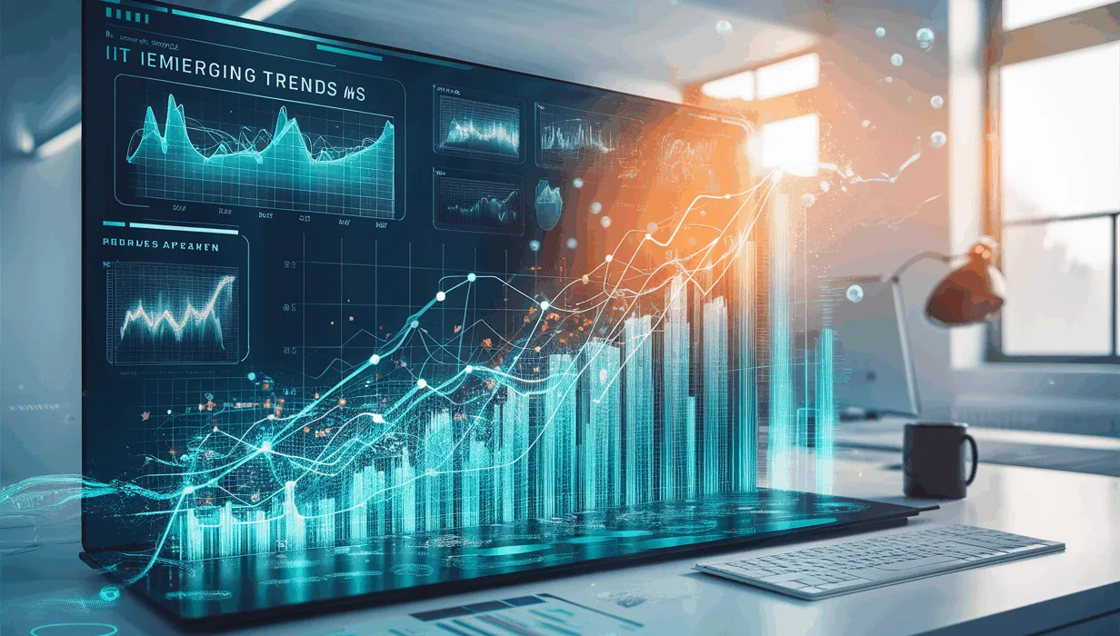 Realistic 4K image of a futuristic digital platform displaying rapidly growing trend graphs and keywords in a modern workspace with natural light.