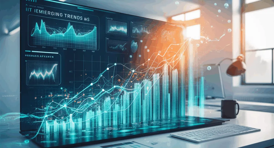 Realistic 4K image of a futuristic digital platform displaying rapidly growing trend graphs and keywords in a modern workspace with natural light.