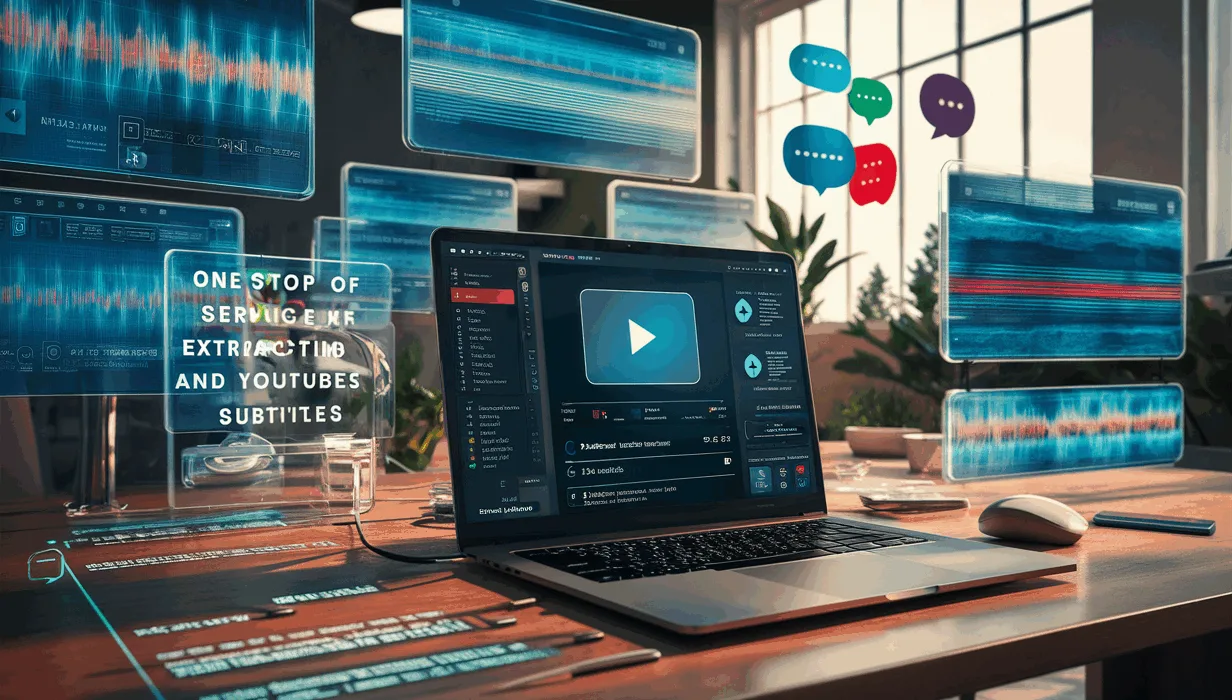 Realistic depiction of a modern IT workspace with screens showing YouTube subtitle extraction and conversion process in a high-tech environment.