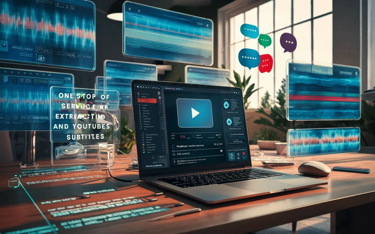 Realistic depiction of a modern IT workspace with screens showing YouTube subtitle extraction and conversion process in a high-tech environment.