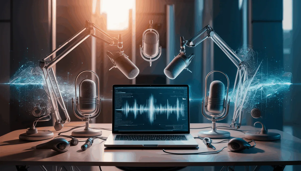 Realistic modern podcast production setup with AI technology elements, microphones, and laptop displaying waveforms in a professional workspace.