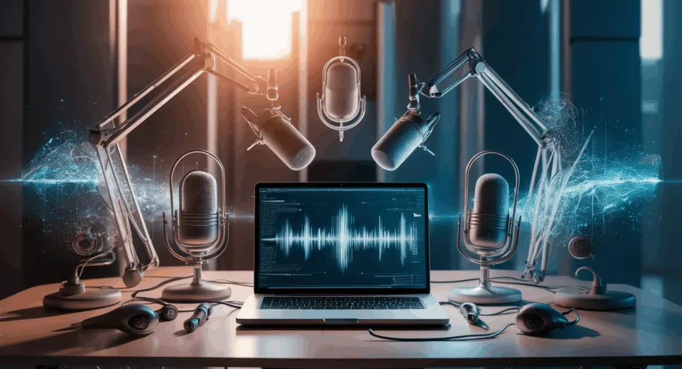 Realistic modern podcast production setup with AI technology elements, microphones, and laptop displaying waveforms in a professional workspace.