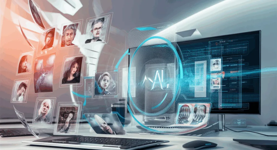 Realistic visualization of AI image recognition and automatic tagging technology with holographic interfaces and floating images in a modern futuristic work environment.