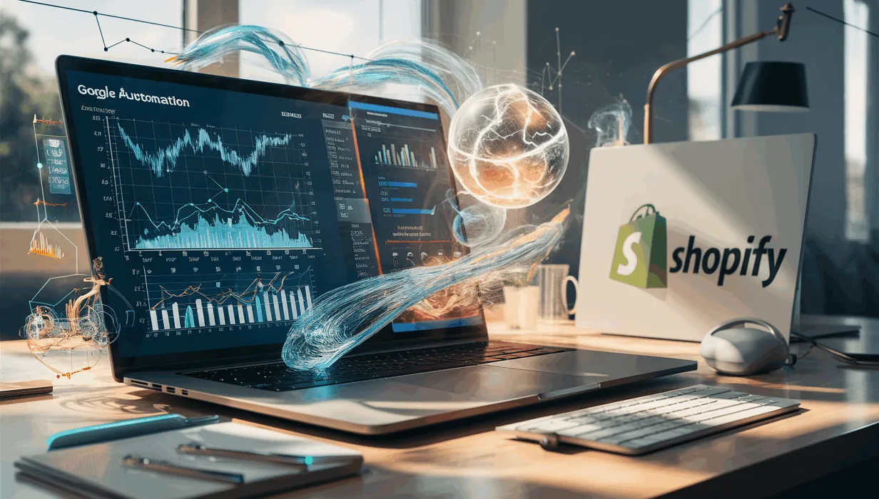 Realistic workspace with a laptop showing dynamic ad performance graphs connected to AI data streams and Shopify logo, illustrating automated Google Ads optimization for Shopify stores.