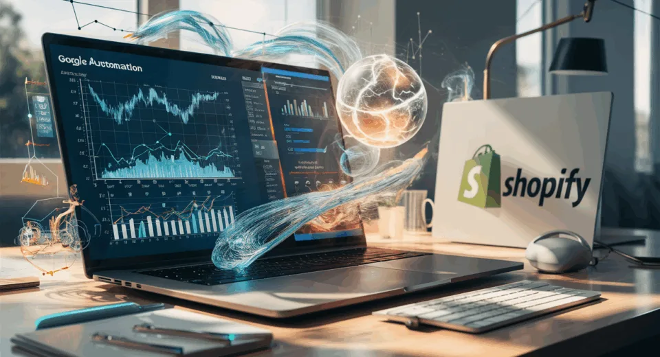 Realistic workspace with a laptop showing dynamic ad performance graphs connected to AI data streams and Shopify logo, illustrating automated Google Ads optimization for Shopify stores.