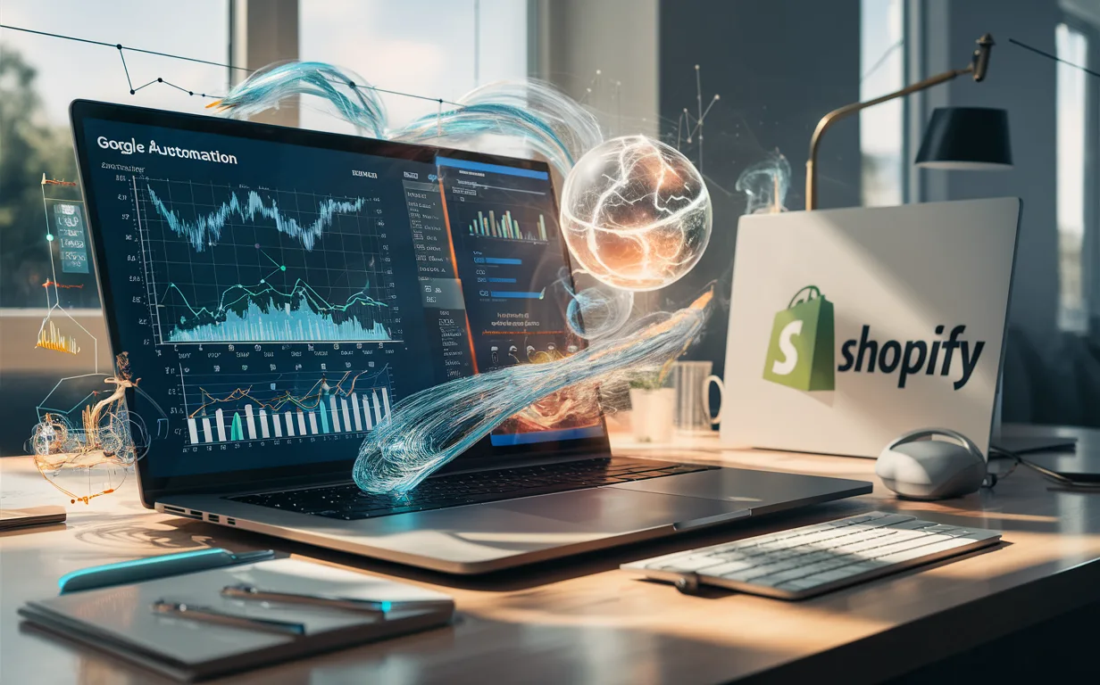 Realistic workspace with a laptop showing dynamic ad performance graphs connected to AI data streams and Shopify logo, illustrating automated Google Ads optimization for Shopify stores.