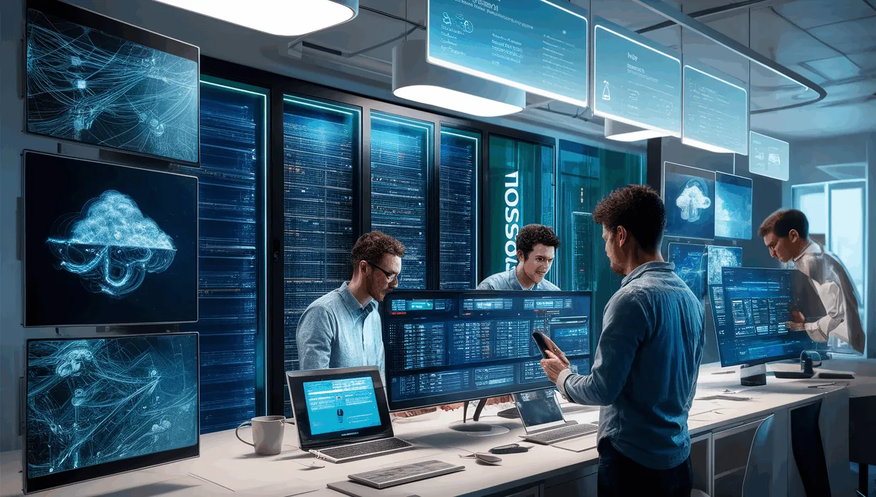 Realistic depiction of a cloud hosting platform interface with seamless app deployment and scalable infrastructure visualization in a modern tech environment.