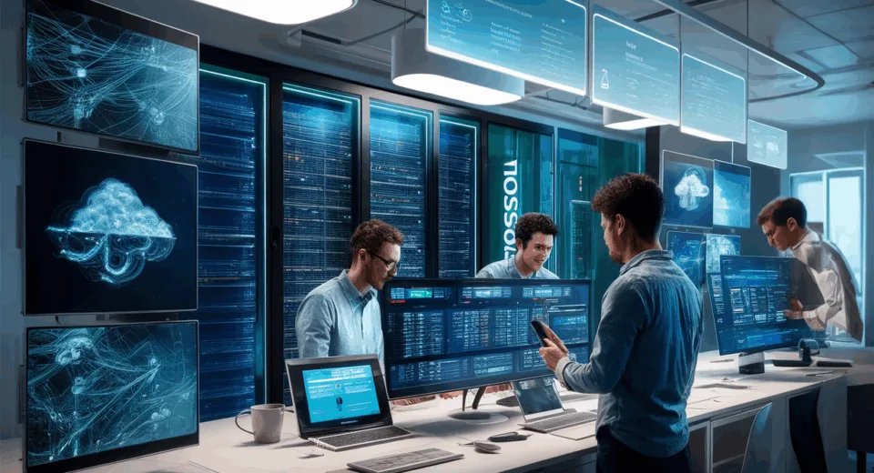 Realistic depiction of a cloud hosting platform interface with seamless app deployment and scalable infrastructure visualization in a modern tech environment.