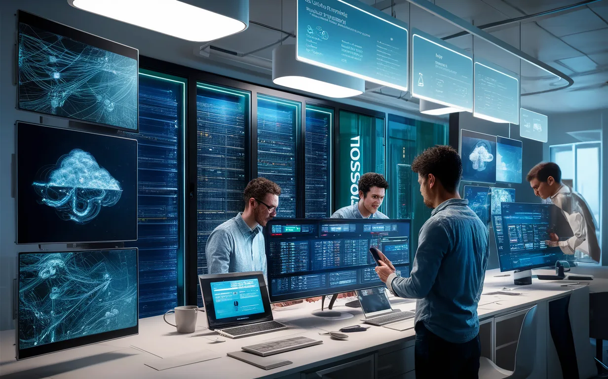 Realistic depiction of a cloud hosting platform interface with seamless app deployment and scalable infrastructure visualization in a modern tech environment.