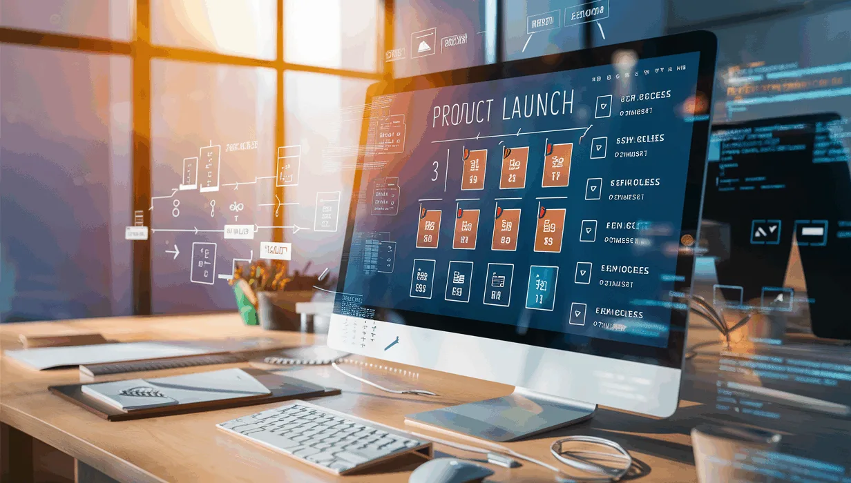Realistic image of a modern workspace with a computer displaying a digital product launch checklist interface, symbolizing organized and successful product launches in a tech environment.