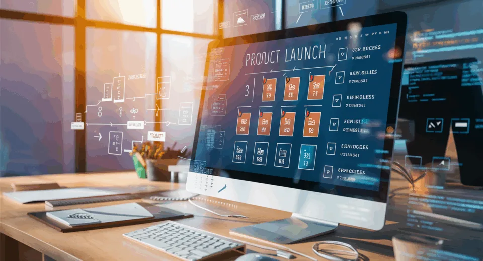 Realistic image of a modern workspace with a computer displaying a digital product launch checklist interface, symbolizing organized and successful product launches in a tech environment.