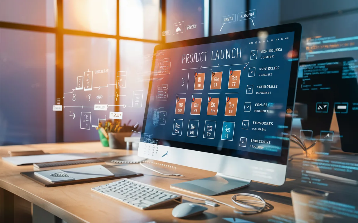 Realistic image of a modern workspace with a computer displaying a digital product launch checklist interface, symbolizing organized and successful product launches in a tech environment.