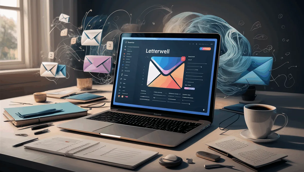 Realistic workspace with a laptop showing a simple email newsletter editor, symbolizing Letterwell's intuitive email newsletter creation tool for content creators.