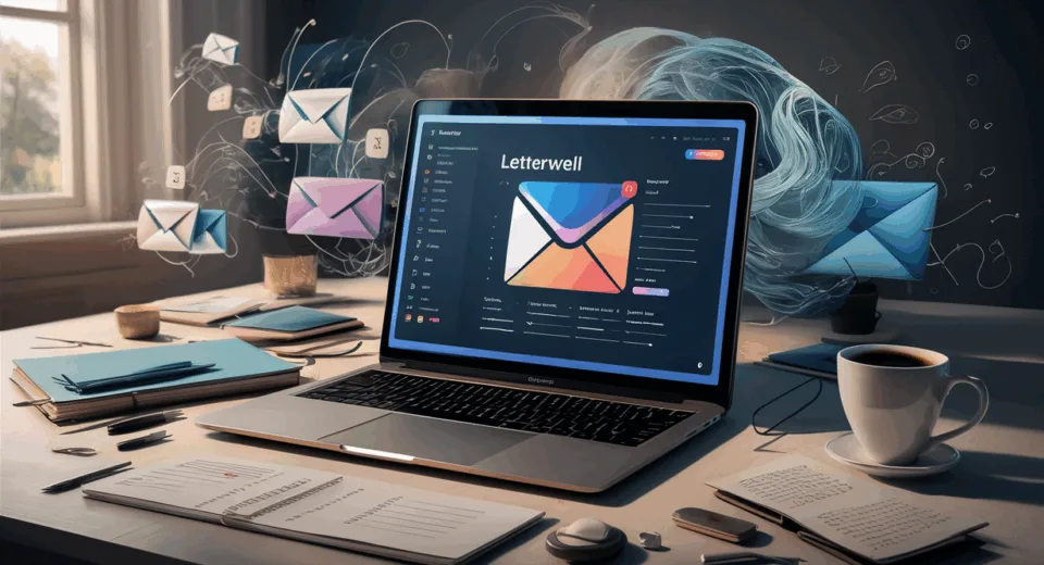 Realistic workspace with a laptop showing a simple email newsletter editor, symbolizing Letterwell's intuitive email newsletter creation tool for content creators.