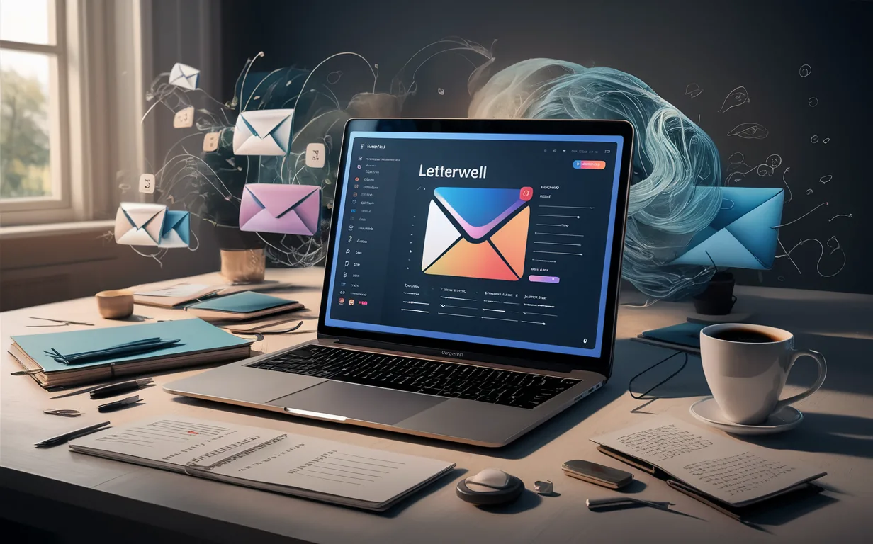 Realistic workspace with a laptop showing a simple email newsletter editor, symbolizing Letterwell's intuitive email newsletter creation tool for content creators.
