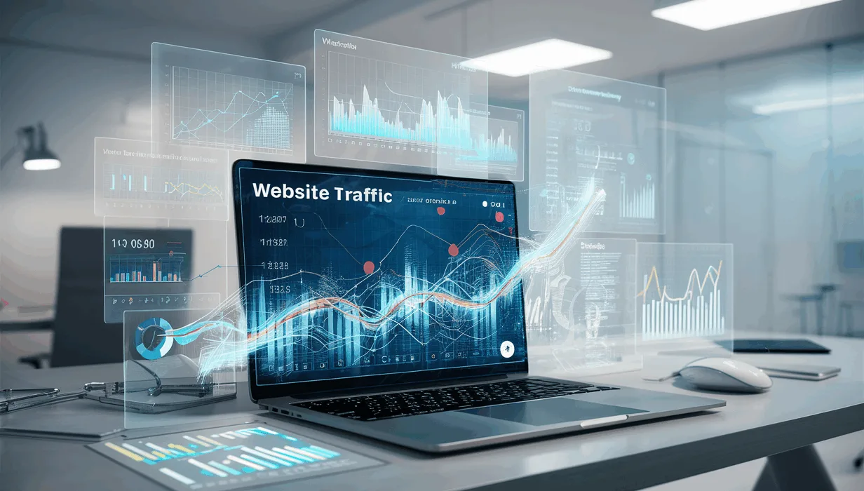 Realistic 4K image of a modern tech workspace with holographic website traffic analytics and graphs floating over a laptop, illustrating real-time visitor tracking for website analysis.