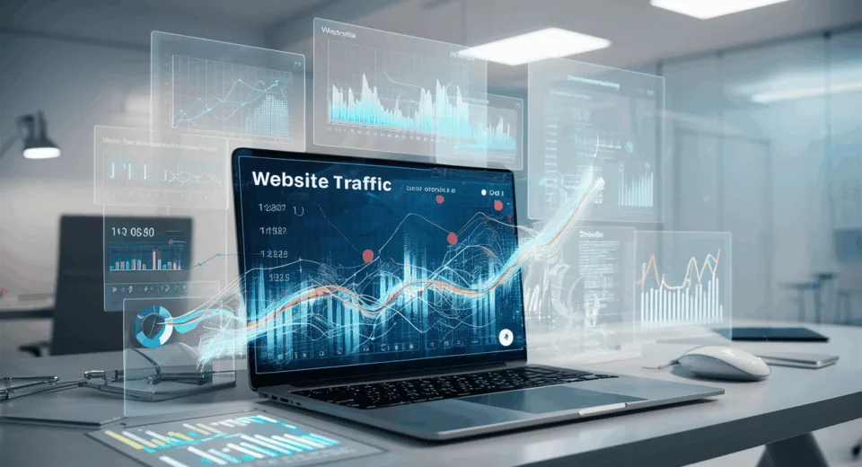 Realistic 4K image of a modern tech workspace with holographic website traffic analytics and graphs floating over a laptop, illustrating real-time visitor tracking for website analysis.