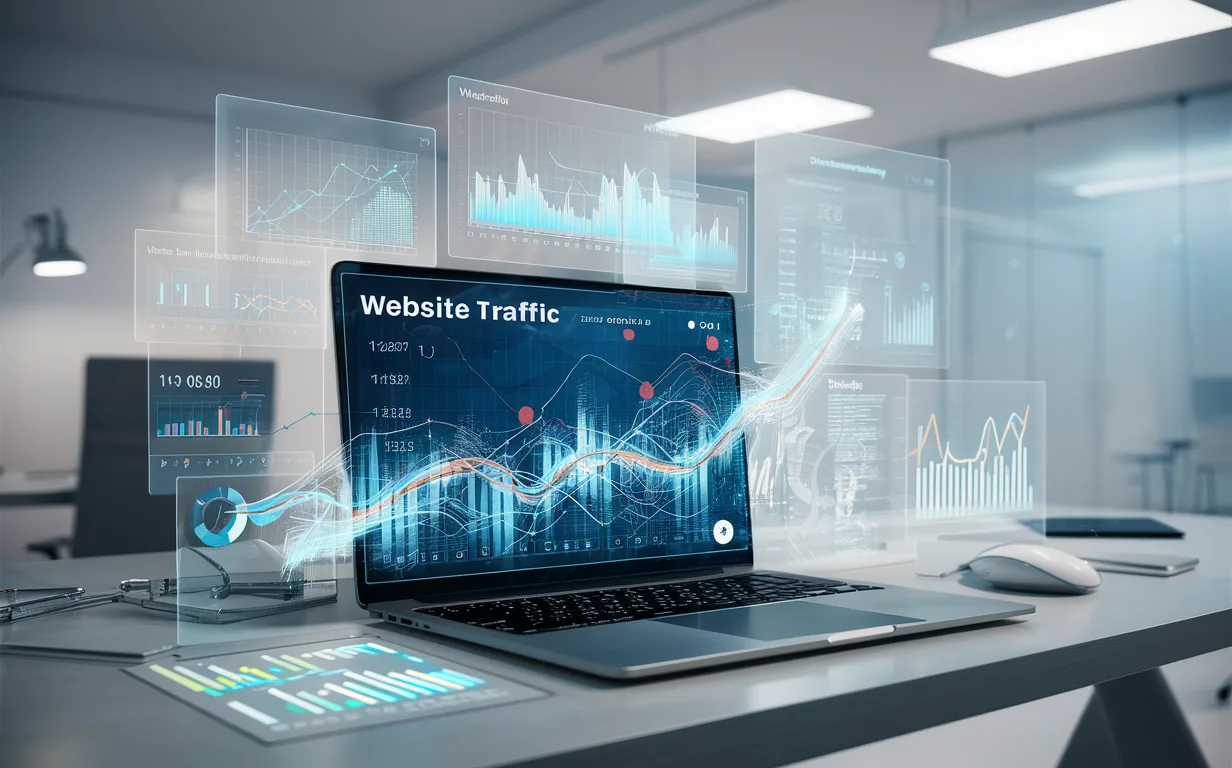 Realistic 4K image of a modern tech workspace with holographic website traffic analytics and graphs floating over a laptop, illustrating real-time visitor tracking for website analysis.