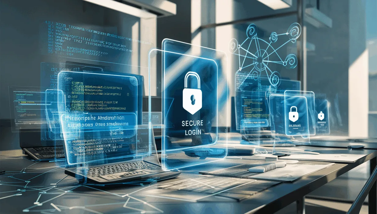 A realistic modern developer workspace with holographic screens displaying secure user authentication and account management interfaces, symbolizing advanced developer tools and security.