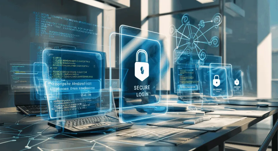 A realistic modern developer workspace with holographic screens displaying secure user authentication and account management interfaces, symbolizing advanced developer tools and security.