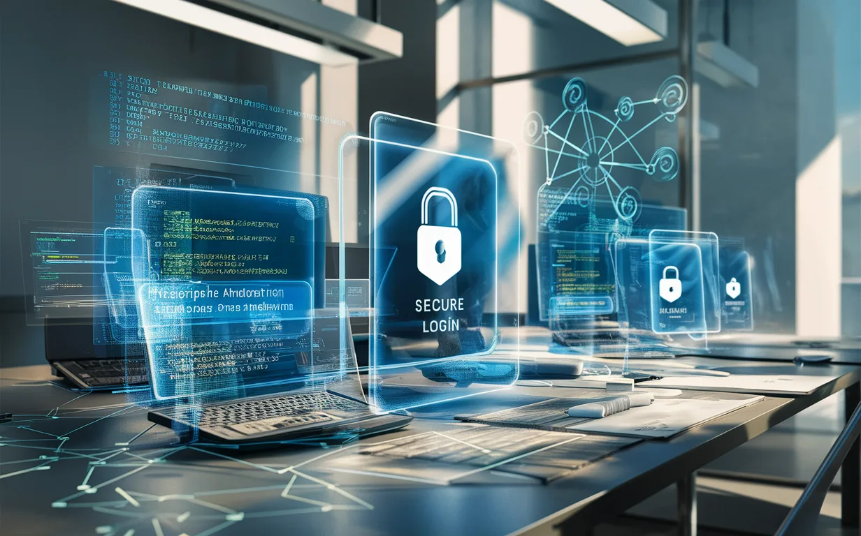 A realistic modern developer workspace with holographic screens displaying secure user authentication and account management interfaces, symbolizing advanced developer tools and security.