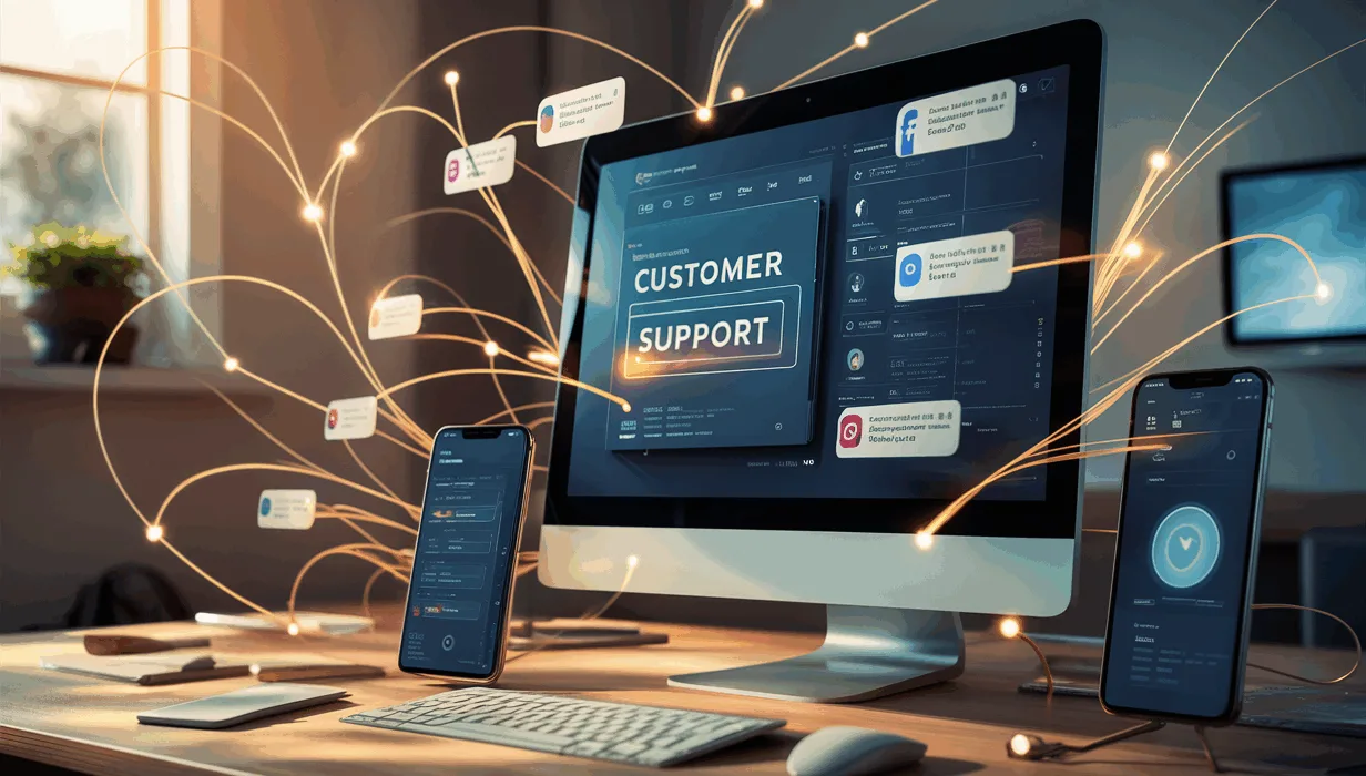 Realistic digital interface displaying integrated social media customer support platforms on computer and smartphone, symbolizing efficient multi-channel management.