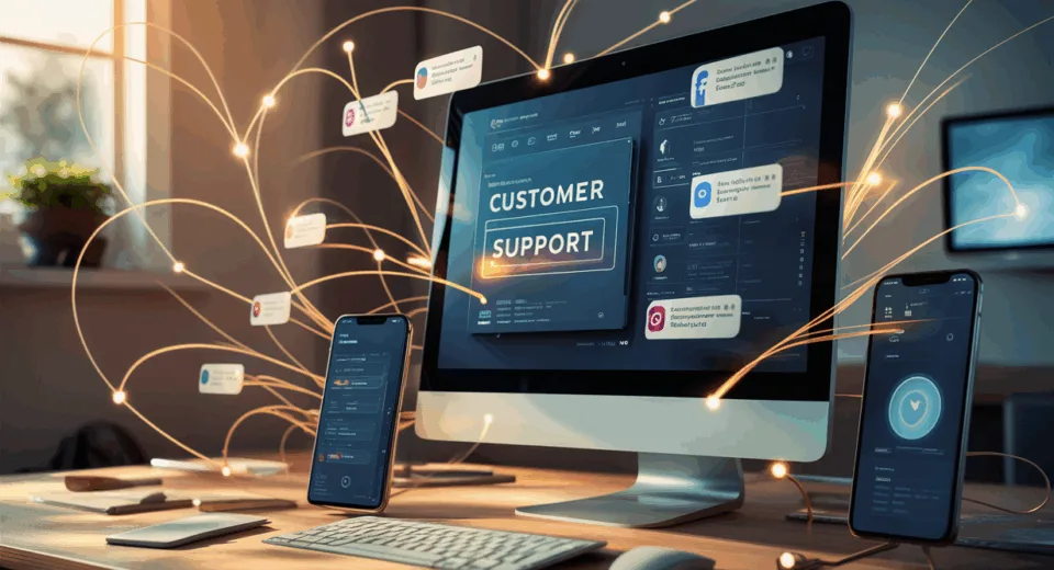 Realistic digital interface displaying integrated social media customer support platforms on computer and smartphone, symbolizing efficient multi-channel management.