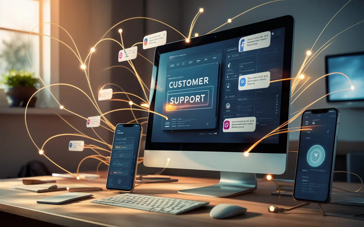 Realistic digital interface displaying integrated social media customer support platforms on computer and smartphone, symbolizing efficient multi-channel management.