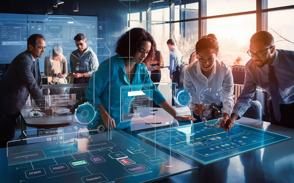 Modern office scene with professionals collaborating on digital touchscreens illustrating low-code app development for businesses.