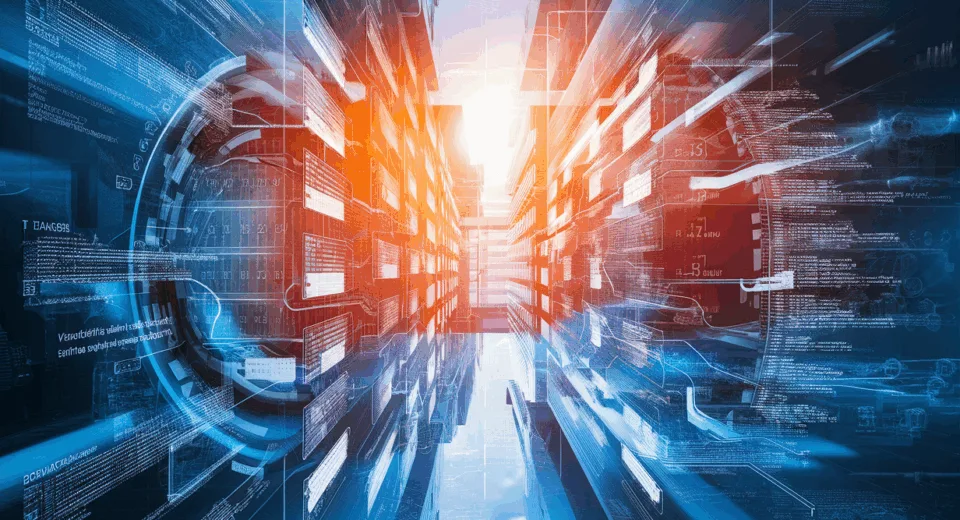 Realistic 4K depiction of interconnected digital calendars and API data flows symbolizing a powerful scheduling API integration solution for enterprises in a modern IT business setting.