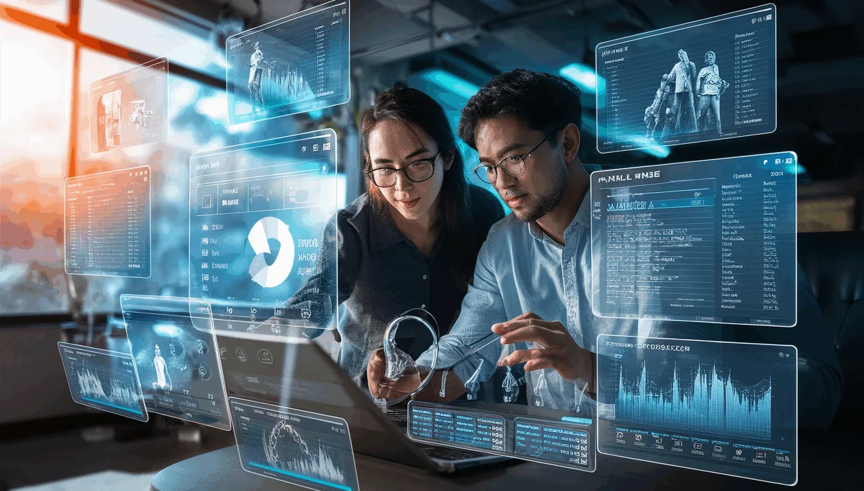 Realistic high-detail image of a musician and manager using a futuristic digital interface to manage music tours, schedules, and revenue analytics.