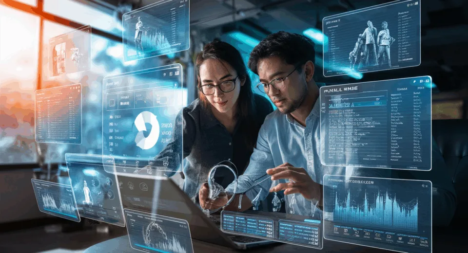 Realistic high-detail image of a musician and manager using a futuristic digital interface to manage music tours, schedules, and revenue analytics.