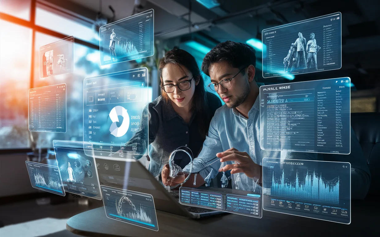 Realistic high-detail image of a musician and manager using a futuristic digital interface to manage music tours, schedules, and revenue analytics.