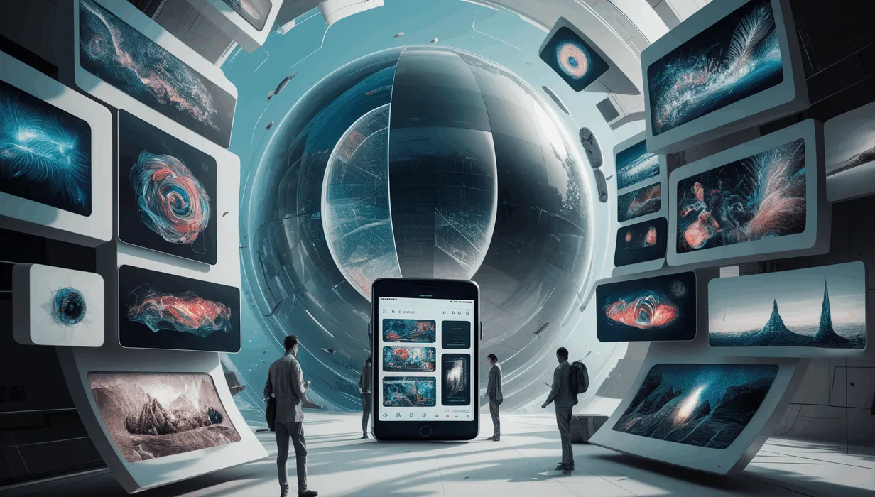 A realistic futuristic AI image search platform interface displaying diverse AI-generated artworks on sleek devices, symbolizing creativity and accessibility in AI art creation.