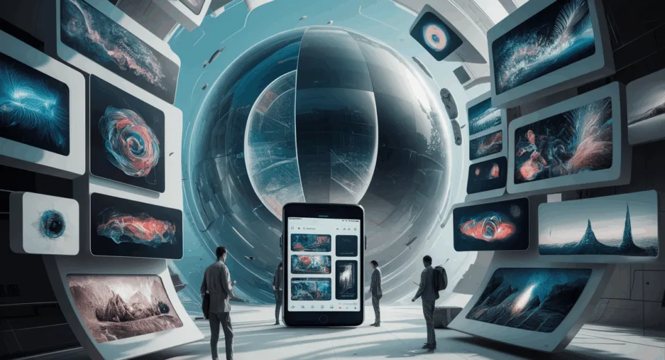 A realistic futuristic AI image search platform interface displaying diverse AI-generated artworks on sleek devices, symbolizing creativity and accessibility in AI art creation.