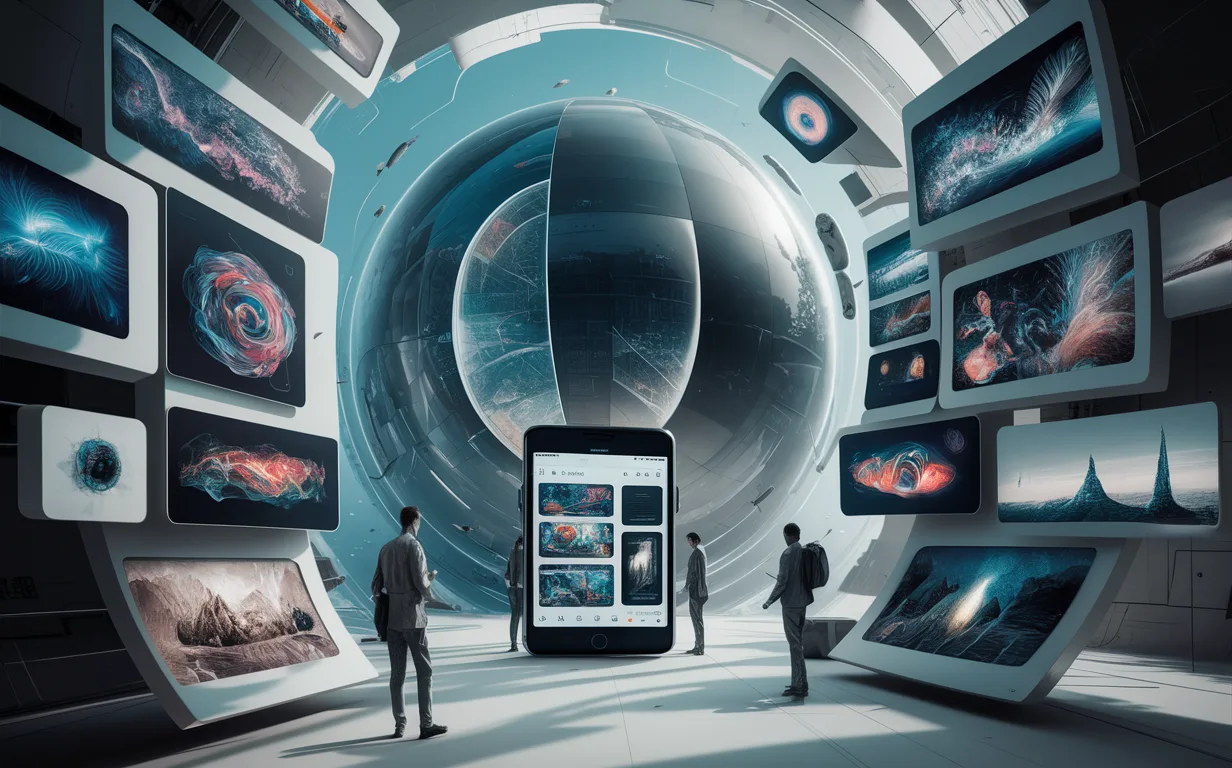 A realistic futuristic AI image search platform interface displaying diverse AI-generated artworks on sleek devices, symbolizing creativity and accessibility in AI art creation.