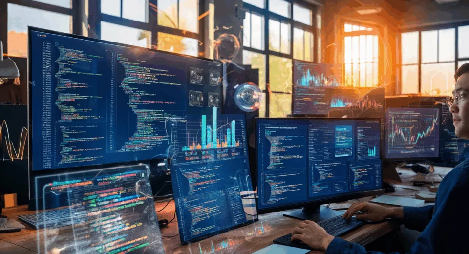 Modern developer workspace showing colorful visualized code snippets on multiple screens with futuristic holograms, illustrating advanced code snippet visualization tools in a natural daylight setting.