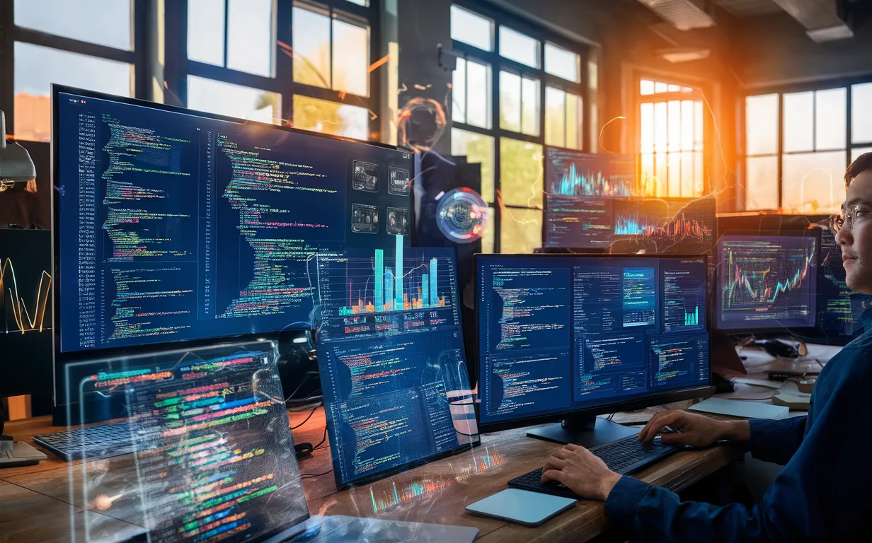 Modern developer workspace showing colorful visualized code snippets on multiple screens with futuristic holograms, illustrating advanced code snippet visualization tools in a natural daylight setting.