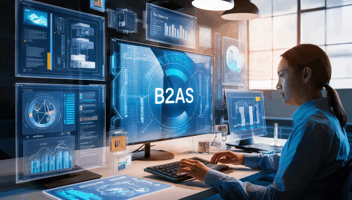 Realistic 4K image of a modern tech workspace with interactive digital screens showcasing automated sales demos and data visualization.