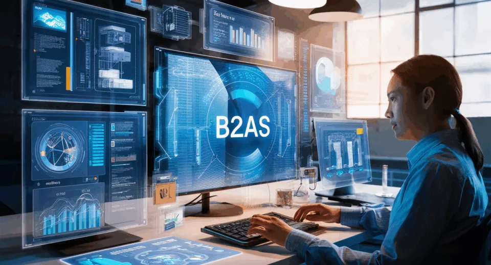 Realistic 4K image of a modern tech workspace with interactive digital screens showcasing automated sales demos and data visualization.
