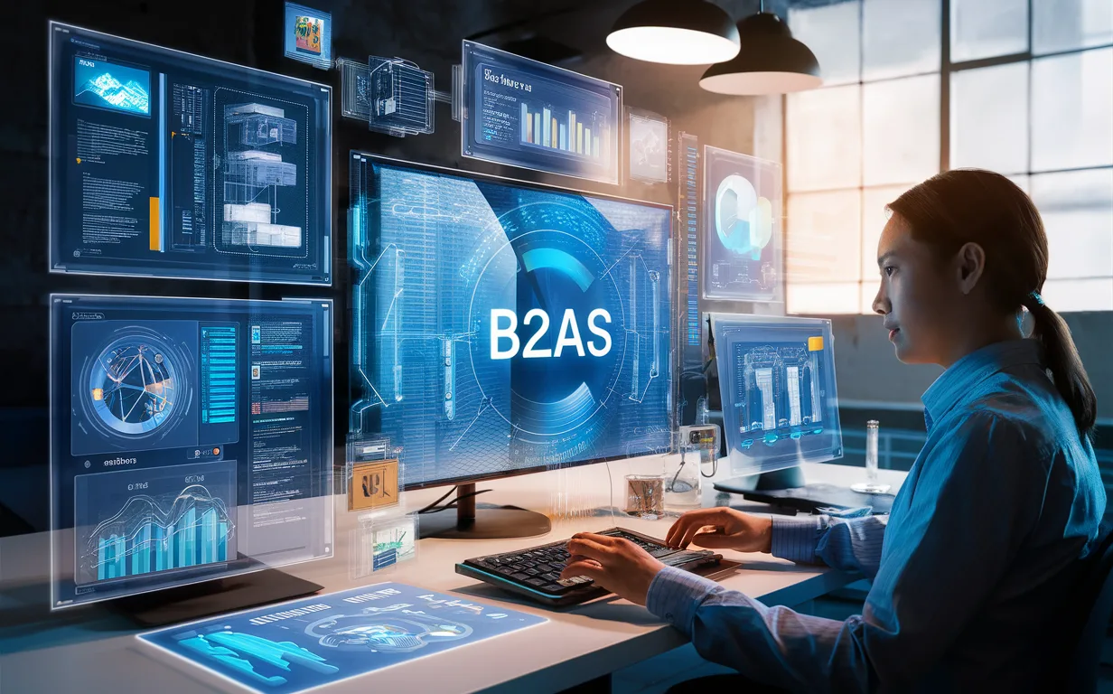 Realistic 4K image of a modern tech workspace with interactive digital screens showcasing automated sales demos and data visualization.
