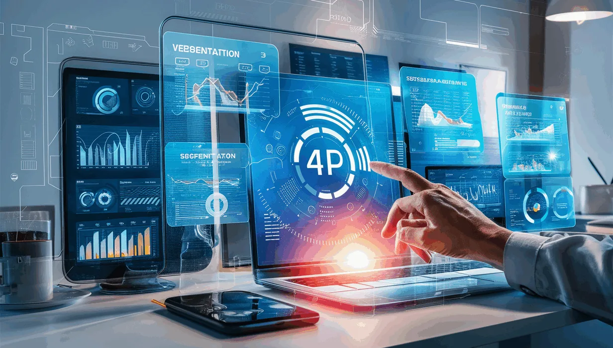 Realistic illustration of a digital marketer interacting with futuristic data visualization screens showing website personalization and segmentation, representing marketing tools to increase conversion rates.