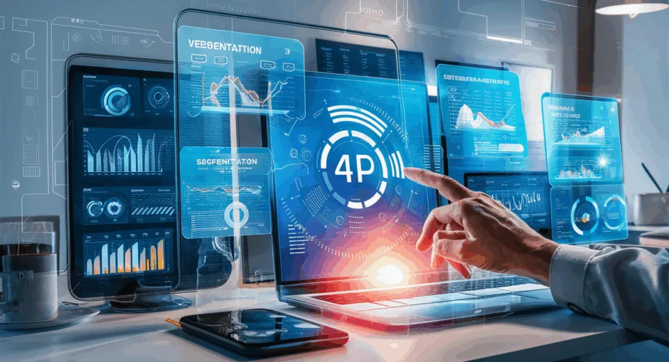 Realistic illustration of a digital marketer interacting with futuristic data visualization screens showing website personalization and segmentation, representing marketing tools to increase conversion rates.