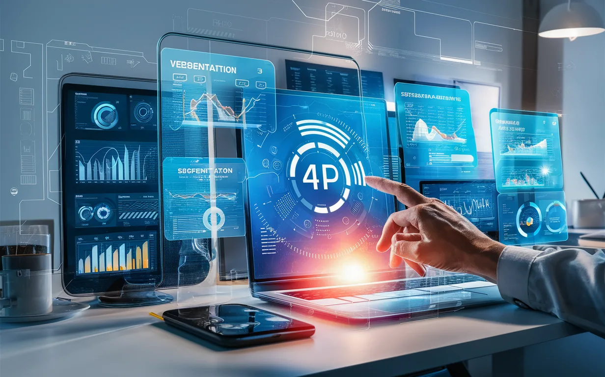 Realistic illustration of a digital marketer interacting with futuristic data visualization screens showing website personalization and segmentation, representing marketing tools to increase conversion rates.