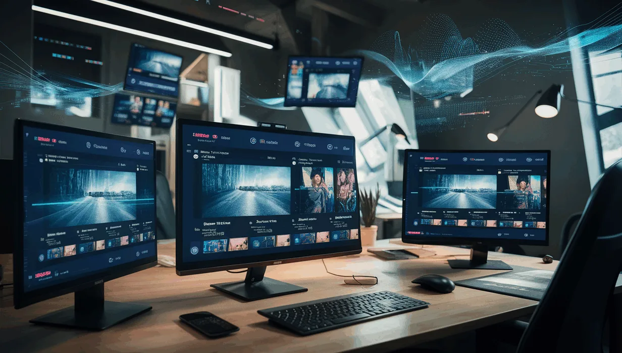 Modern workspace with multiple screens showing video streaming interfaces, representing an all-in-one subscription video streaming platform service.