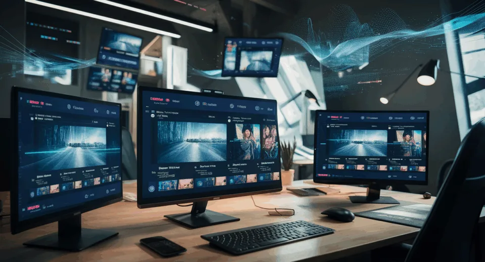 Modern workspace with multiple screens showing video streaming interfaces, representing an all-in-one subscription video streaming platform service.