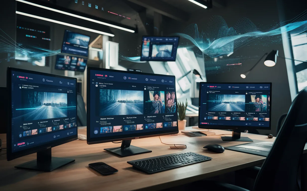 Modern workspace with multiple screens showing video streaming interfaces, representing an all-in-one subscription video streaming platform service.