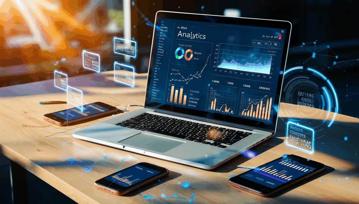 A modern digital marketing workspace with laptop showing link analytics and smartphones displaying SMS with shortened URLs, symbolizing SMS marketing and URL shortening in a clean, realistic setting.