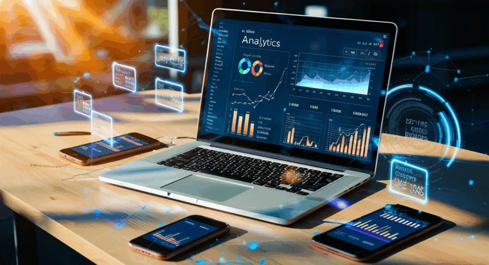 A modern digital marketing workspace with laptop showing link analytics and smartphones displaying SMS with shortened URLs, symbolizing SMS marketing and URL shortening in a clean, realistic setting.